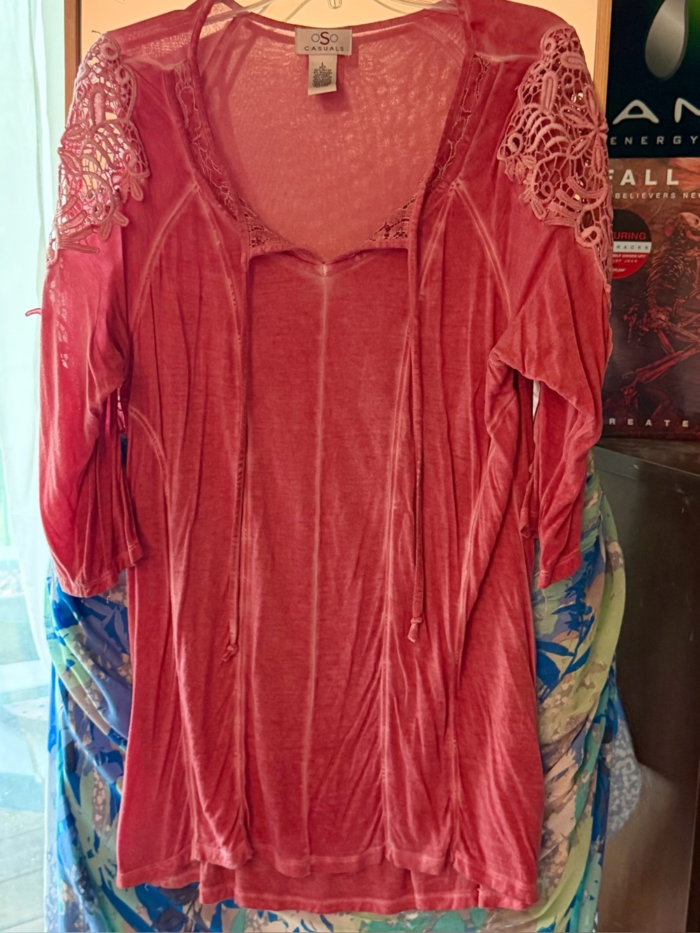 OSO Casual Rose Pink Crochet-Sleeve Tunic Top